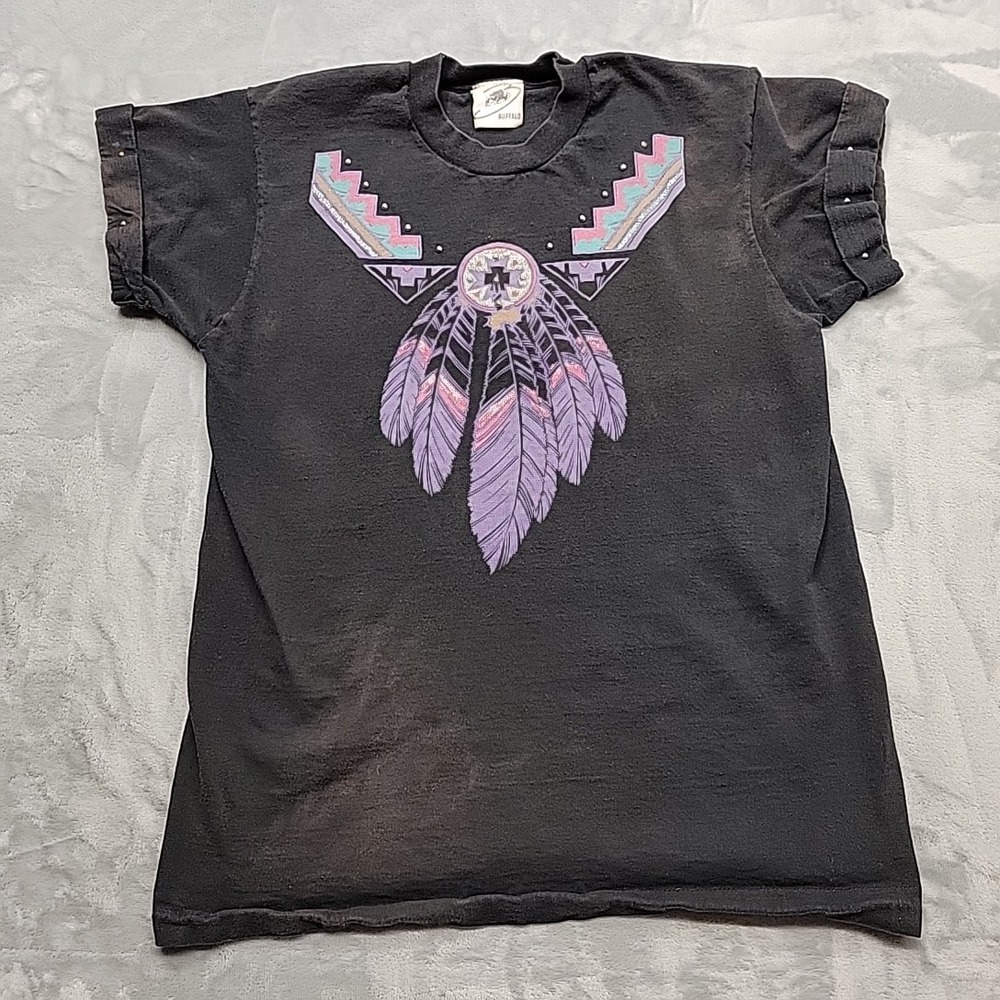 VTG Native American Feather Shirt Mens XL Black Southwestern Studded Made in USA